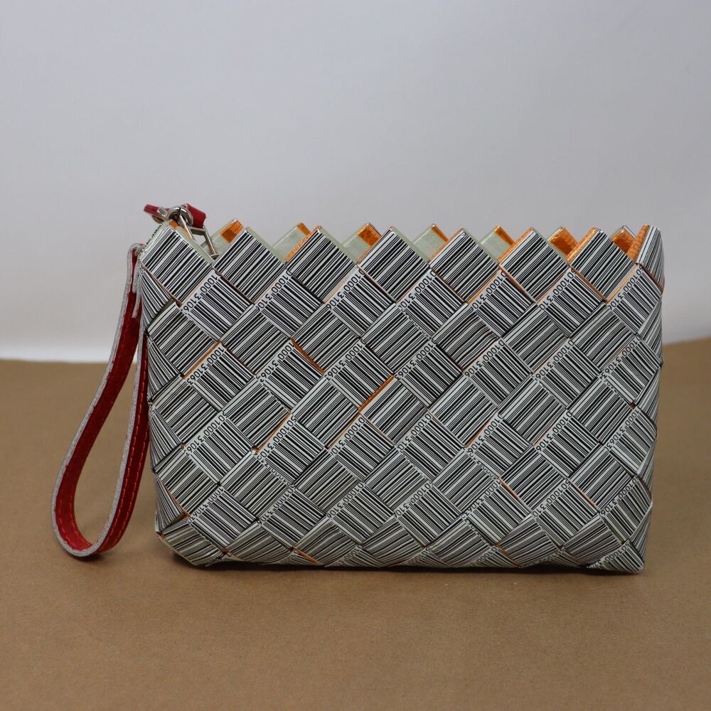 Nahui Ollin Black & White Small Bar Code Candy Wrapper Wristlet Clutch Pochette